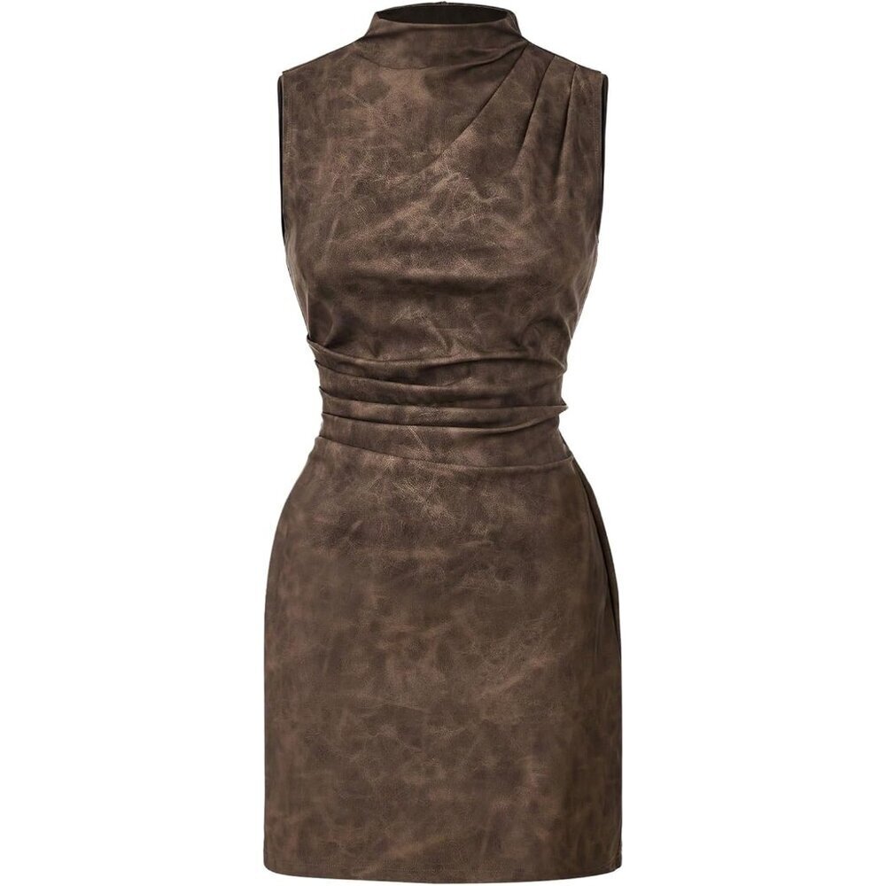 Women's PU Leather Ruched Bodycon Dress Sleeveless Mini Tank Size M